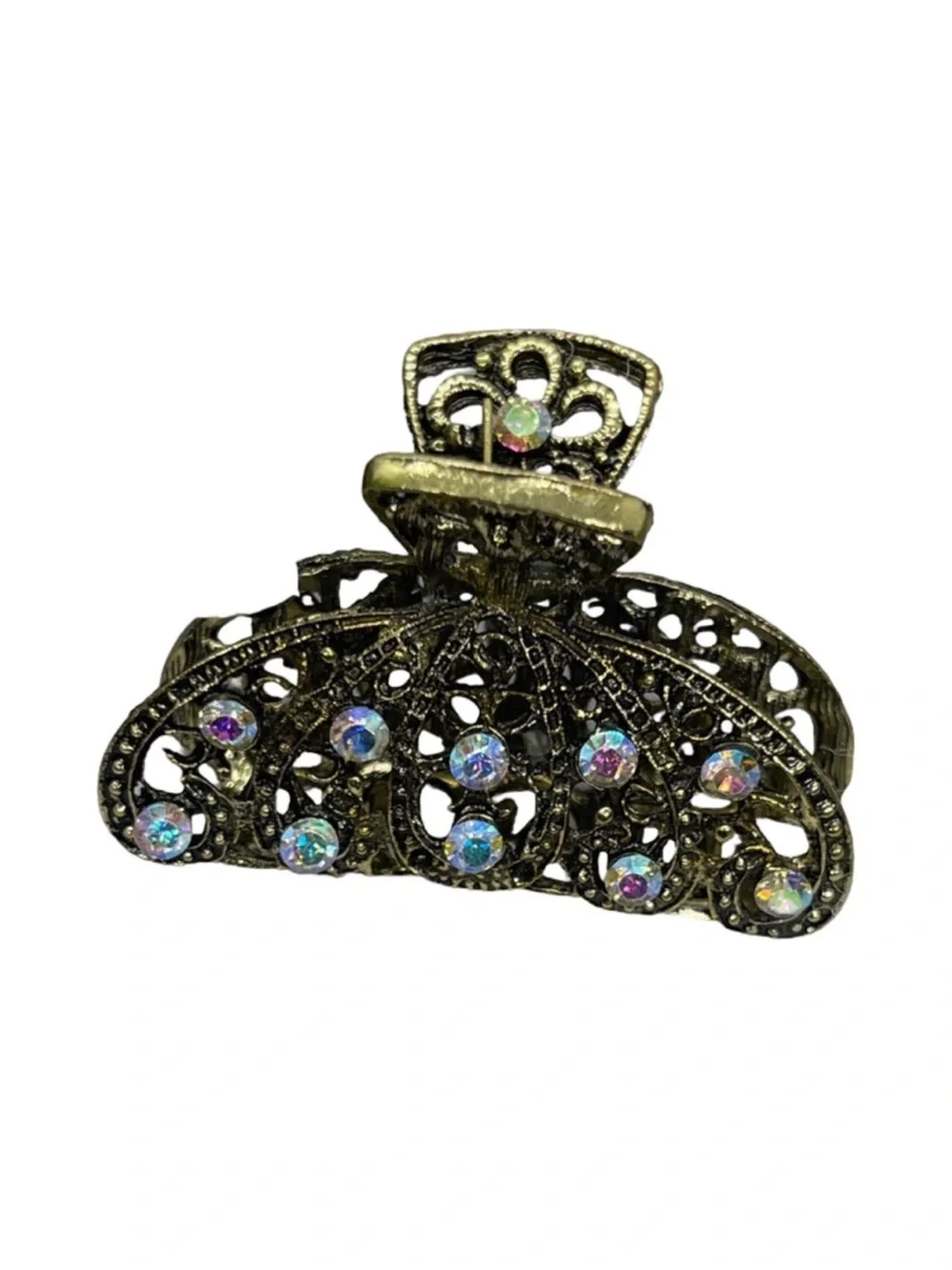 Antique Brass Filigree Rhinestone Hair Claw Clip Iridescent FINAL PRICE DROP